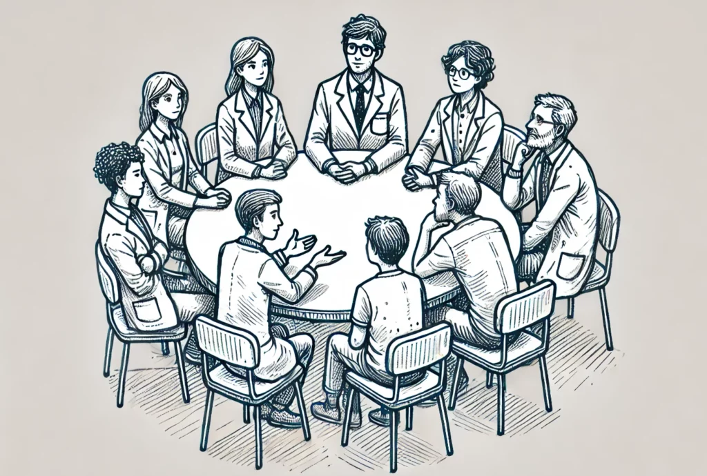 Scientists seated around a table talking.