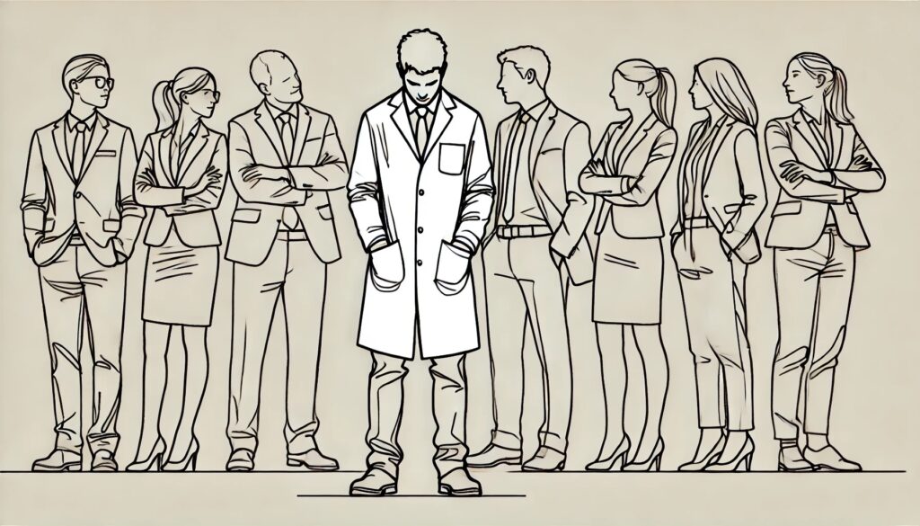 A scientist feeling isolated among a group of business people.