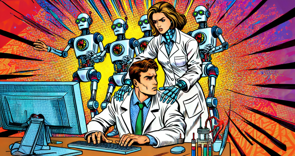 A human scientist looking over his shoulder at a looming cadre of robot scientists.  