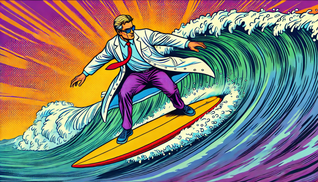 A scientist surfing and trying to stay ahead of an indomitable wave. 